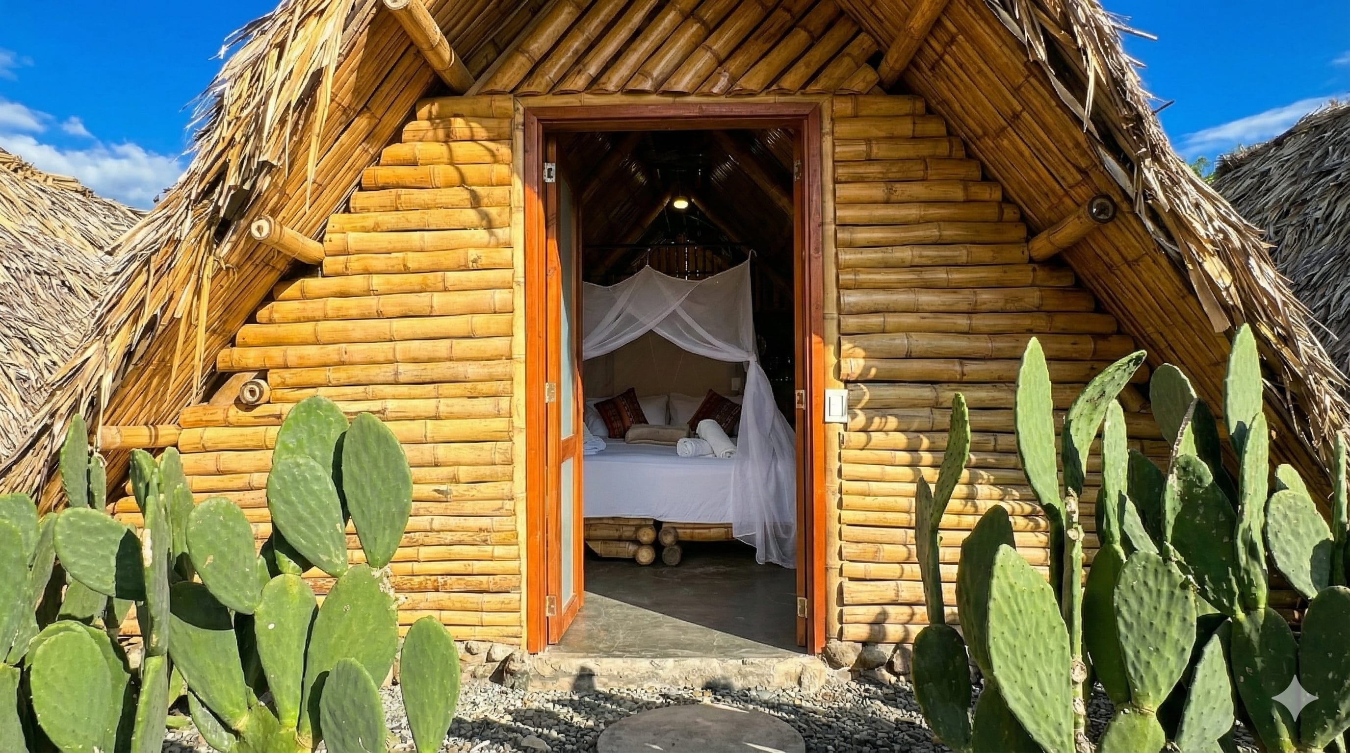 Entrada frontal del refugio con vista al interior y jardín de cactus
